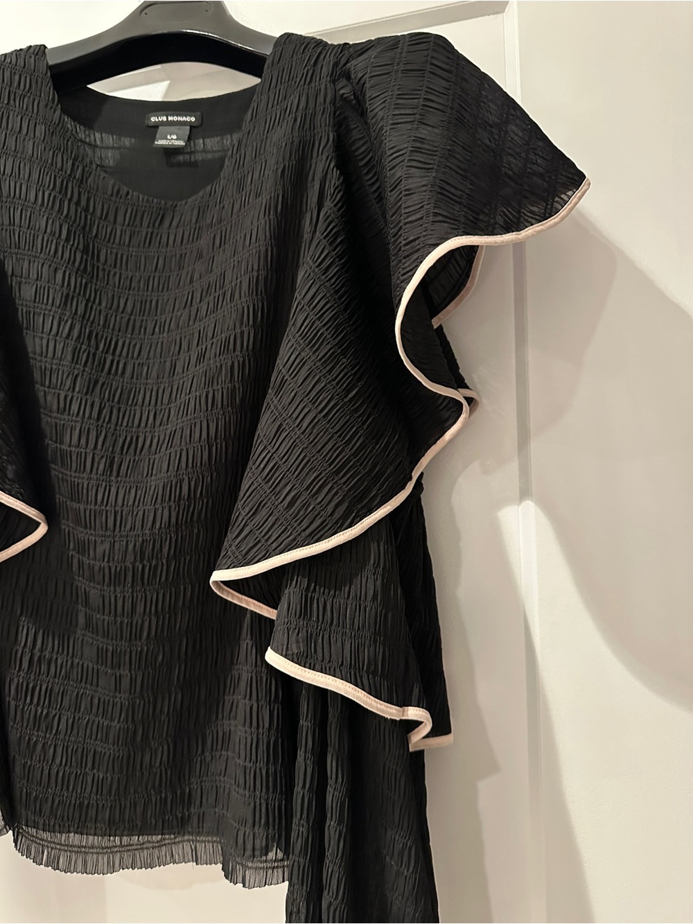 Club Monaco Black Textured Ruffle Sleeve Blouse with Cream Trim - Picture 3 of 5